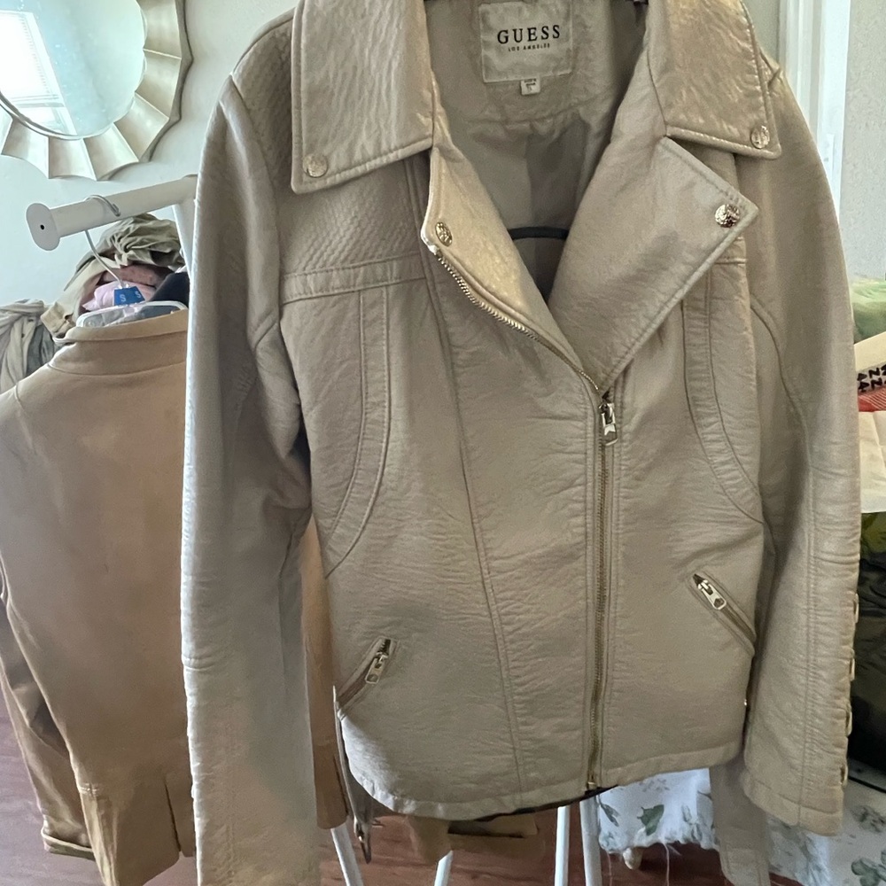 Guess Cream Leather Moto Jacket Asymmetrical Zipper